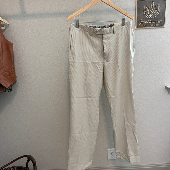 Men's Lauren Ralph Lauren Tan White Striped Seersucker‎ Dress Pants 33 x 32 NEW - Picture 2 of 11